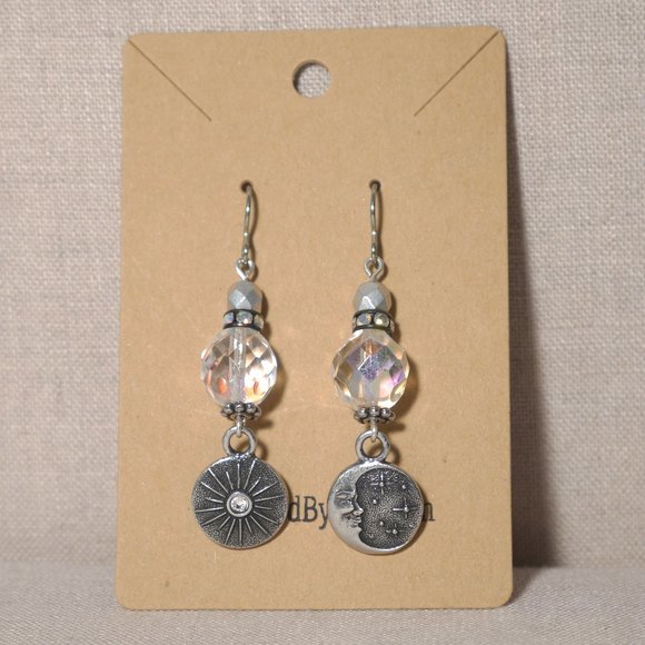 Hand Crafted Handmade Earrings Iridescent Moon & Stars Pewter Long Earri… - Picture 2 of 5